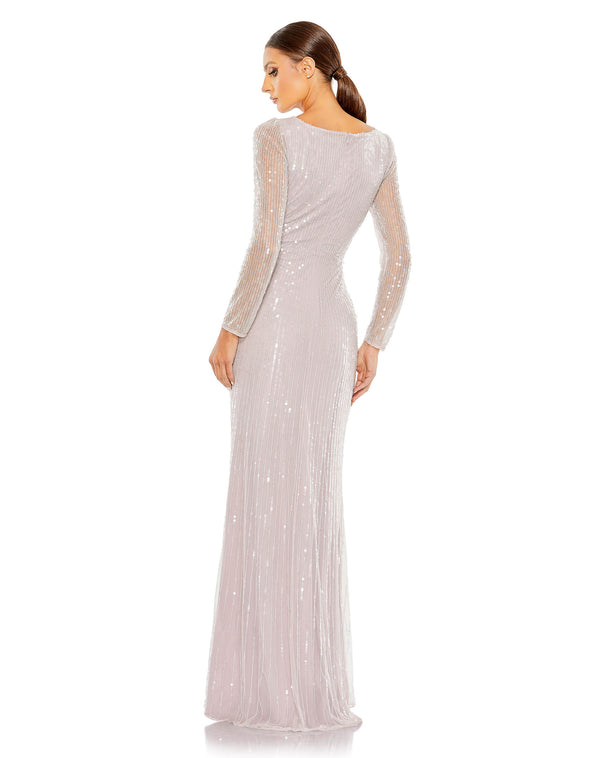 Sequined Faux Wrap Long Sleeve Gown ...